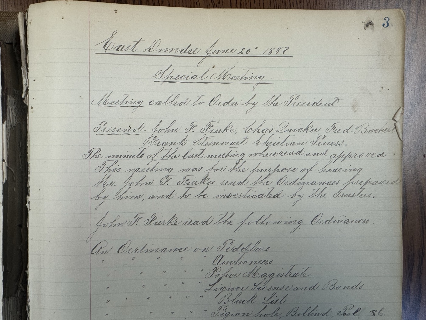 Handwritten page 3 of the Record Book, recording the June 20, 1887 Special Meeting